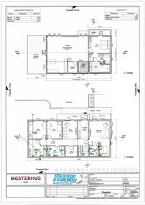 Etasjeplaner for 1. og 2. etasje med romfordeling, mål og snittlinjer.
