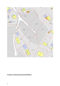 Situasjonsplan som viser tomtedeling, vegnett og forslag til adressetilordning.
