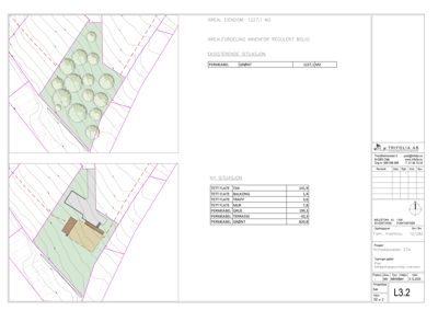 Situasjonsplan som viser eksisterende og ny bebyggelse, terrengforhold (konturer), vegetasjon og arealoppdeling.