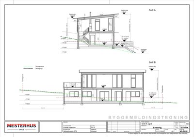 Snittegning (Snitt A og Snitt B) som viser tverrsnittet av en bolig med høydeangivelser og terrengforhold.
