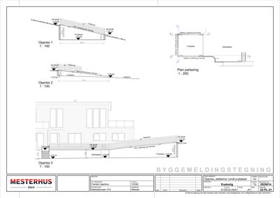 Bildet viser et oppriss (fasetegning) av en bygning med parkeringsløsninger, inkludert etasjeplaner og snittlinjer.
