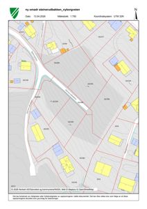 Situasjonsplan som viser tomtene, bygningenes plassering, vegnett og høydeforhold i området.
