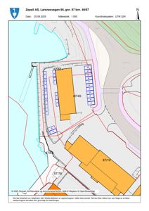 Situasjonsplan som viser tomtens beliggenhet, grenser, naboeiendommer (Zeppell AS, Lannesvegen) og parkeringsplasser.