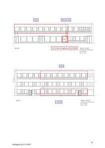 Fasadetegning som viser fronten på en bygning sett fra vest (VEST VEST). Tegningen illustrerer etasjer med hybler, etg og leiligheter, samt vinduer og dører.