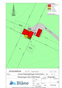 Situasjonsplan som viser tomtens beliggenhet, grenser, eksisterende og planlagt bebyggelse samt vegtilknytning.
