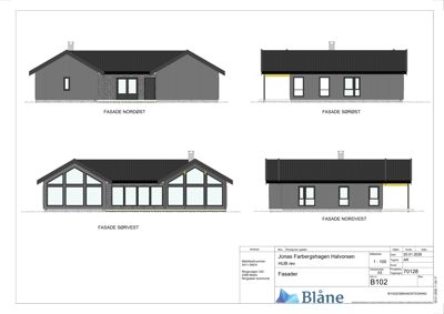 Fasadetegning som viser bygningens utsyn fra fire sider (Nordøst, Sørøst, Sørvest og Nordvest).