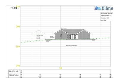 En terrengsnitttegning (profil) som viser bygningens høyde i forhold til terrenget, med oppgitt høyder (HOH.) og terrengkurve.