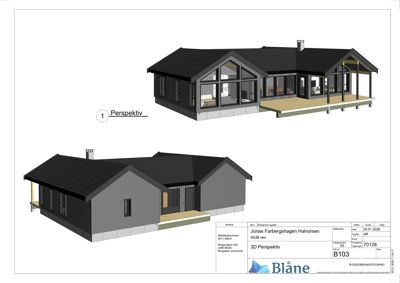 3D-perspektivtegning av en bolig med visuell fremstilling av fasade, tak og materialvalg.