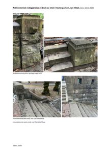 Arkitektonisk redegjørelse med flere fotografier av steinmur og trapper i Teaterparken.