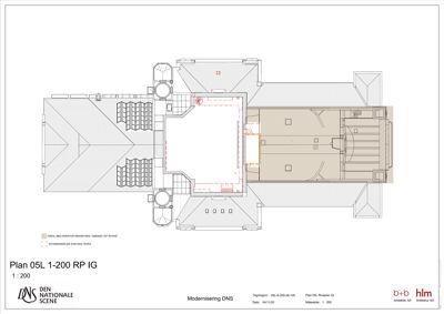 Etasjeplan (Plan 05L) som viser romfordeling, vegger og møblering for et bygg.