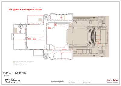 Etasjeplan (Plan 03) for en bygning (DNS) som viser romfordeling, vegger, trapper og områder som skal rives eller bygges over.
