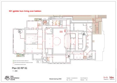 Etasjeplan (Plan 00 RP IG) for en bygning, som viser romfordeling, vegger og inngangspunkter.