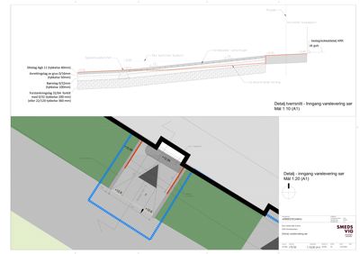 Bildet viser to detaljerte tegninger av en inngangsvarelevering. Øverst er et snitt som viser konstruksjonen av gulvet (tilslag, avrettingslag, bærelag, forsterkningslag), og nederst er en planutsnitt som viser plassering av trapp og dør med mål.