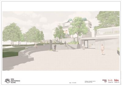 3D-visualisering (rendering) av et arkitektonisk prosjekt som viser fasade, trapper og omgivelser.