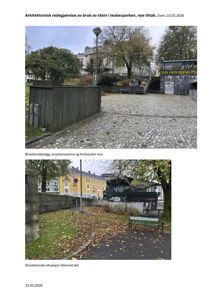 To fotografier som viser eksisterende situasjon i Teaterparken, inkludert brosteinsbelegg, en forblendet mur og en benk.