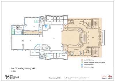 Etasjeplan (Plan 02) som viser romfordeling, vegger og inngangspunkter for en bygning ved Den Nationale Scene.