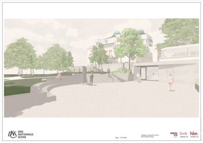 3D-visualisering (rendering) av et arkitektonisk prosjekt som viser fasade, trapper og omgivelser.