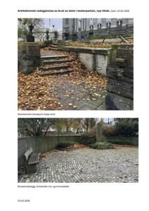 Dokumentasjon av eksisterende situasjon i Teaterparken, inkludert bilder av trapp og brosteinsbelegg.