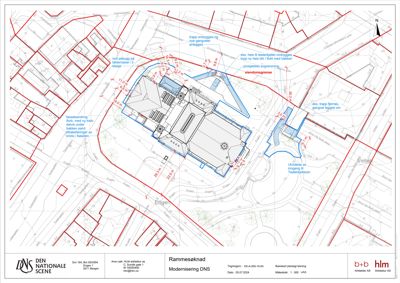 Situasjonsplan med bygningsplassering, mål, fasadeendringer og omgivelser