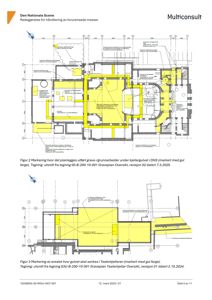 Bildet viser et utsnitt fra en graveplan (oversikt over grunnen under bygningen) for Den Nationale Scene. Det illustrerer hvor det skal graves og hvor gulvet skal senkes i teaterkjelleren, markert med gul farge.