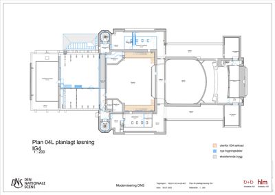 Etasjeplan (Plan 04L) som viser romfordeling, vegger og inngangspunkter for en planlagt løsning.
