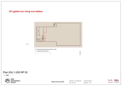 Etasjeplan (plan 03U) som viser romfordeling, vegger og arealer som skal rives eller er svake.