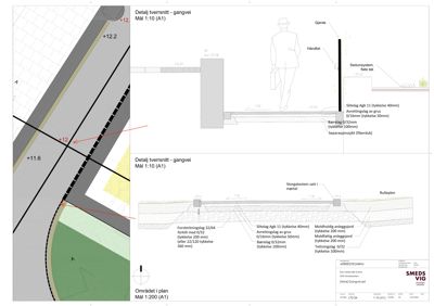 Tegning som viser detaljerte tværsnitt av en gangvei, inkludert materialtykkelser og konstruksjonsdetaljer.