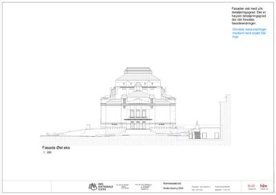 Fasadetegning av Den Nationale Scene i Oslo, som viser bygningens utseende sett fra øst.