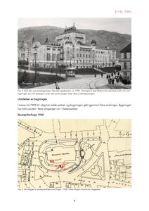 Et svart-hvitt fotografi av Bergens nye teaterbygnings fasade ca. 1909, med en situasjonsplan fra 1920 nedenfor.