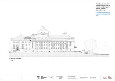 Fasadetegning (Sør) av Den Nationale Scene med skisse av fasadeendringer.