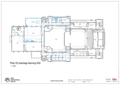 Etasjeplan (Plan 03) som viser romfordeling, vegger og trapper for en planlagt løsning i Den Nationale Scene.