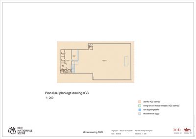 Etasjeplan (plan 03U) som viser romfordeling, nye og eksisterende bygningsdelers plassering, samt områder for rivning og utvidelse.