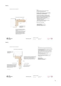 Detaljtegning av døråpning med innvendig og utsidetside, inkludert mål, materialer og monteringsinstruksjoner for nivå 2 og 3.
