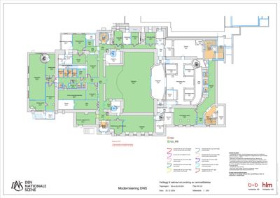Etasjeplan (rammeliteise) for et bygg på Den Nationale Scene, som viser romfordeling, vegger, trapper og utstyr.