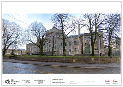 Fotografi av eksisterende bygning (DNS-bygget) sett fra gaten, med omgivende trær og gatelys.