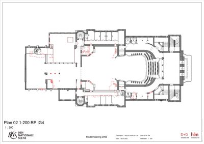 Etasjeplan (Plan 02) som viser romfordeling, vegger, trapper og møbeloppsett for et auditorium eller teater.