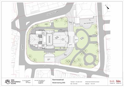 Situasjonsplan som viser bygningens plassering i forhold til omgivelsene, veier, gater og beplantning.