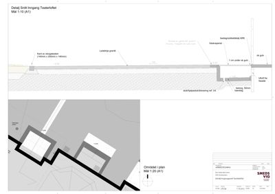 Dette bildet viser en detaljert snittegning (snitt) av inngangspartiet til Teaterloftet. Det illustrerer hvordan bygningen går ned i bakken, med detaljer om materialer som granitt, betong og flis, samt nivåer og drenering. Nederst på tegningen er det også inkludert en planutsnitt av området.