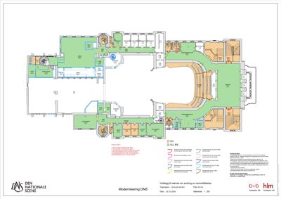 Etasjeplan (rammeliteise) for et bygg ved Den Nationale Scene, som viser romfordeling, funksjoner og endringer i etasjen.