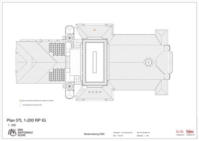Etasjeplan (plan) som viser romfordeling og arealer for et bygg, sannsynligvis et teater eller lignende institusjon.