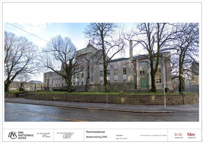 Fotografi av eksisterende bygning (DNS-huset) med omgivende trær og gatelys.