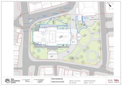 Situasjonsplan som viser bygningens plassering i forhold til gater (Christian Michelsens gate, Engen, Øvre Ole Bulls plass), naboeiendommer, og utforming av tomten med beplantning og utendørsarealer.