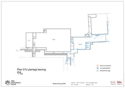Etasjeplan (planlagt løsning) som viser romfordeling, vegger og inngangspunkter for en bygning.