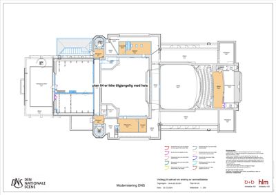 Etasjeplan (plan 04) for modernisering av Den Nationale Scene, som viser romfordeling, trapper og heis.