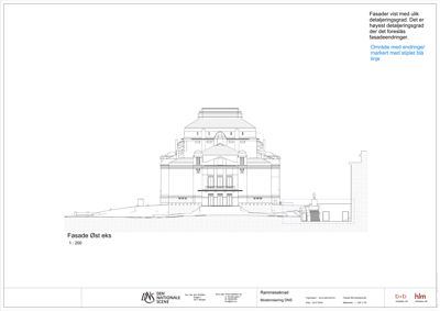 Fasadetegning av Den Nationale Scene i Oslo, som viser bygningens utseende sett fra øst.