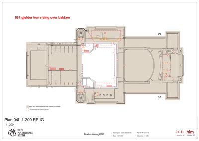 Etasjeplan (Plan 04L) for en bygning, sannsynligvis et teater eller lignende, som viser romfordeling, vegger og riveområder.