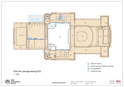 Etasjeplan (planlagt løsning) for en bygning ved Den Nationale Scene, som viser romfordeling, riving og nye byggdeler.