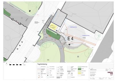 Situasjonsplan som viser tomtens grenser, beplantning, veier og bygningers plassering.