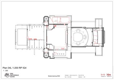Etasjeplan (Plan 04L) som viser romfordeling, vegger og møblering for et teater eller lignende bygning.