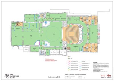 Etasjeplan (1. etasje) for modernisering av Den Nationale Scene, som viser romfordeling, funksjoner og endringer i forhold til eksisterende plan.